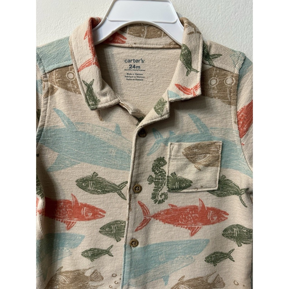 Carter's Toddler Boy 24M Short Sleeve Button Down Shirt Sea Life Fish Submarine⁠